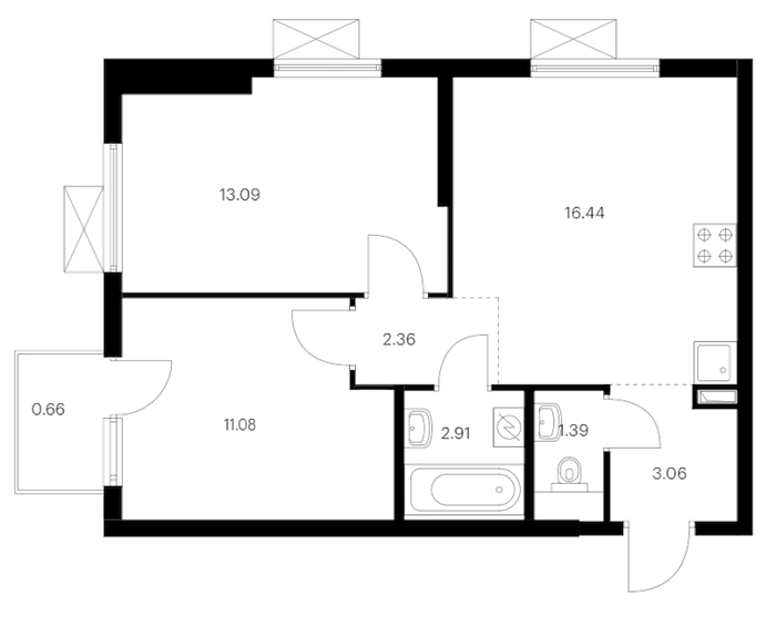 2-комнатная квартира 50.98 м², 16/24 эт., ЖК «Заречный парк»